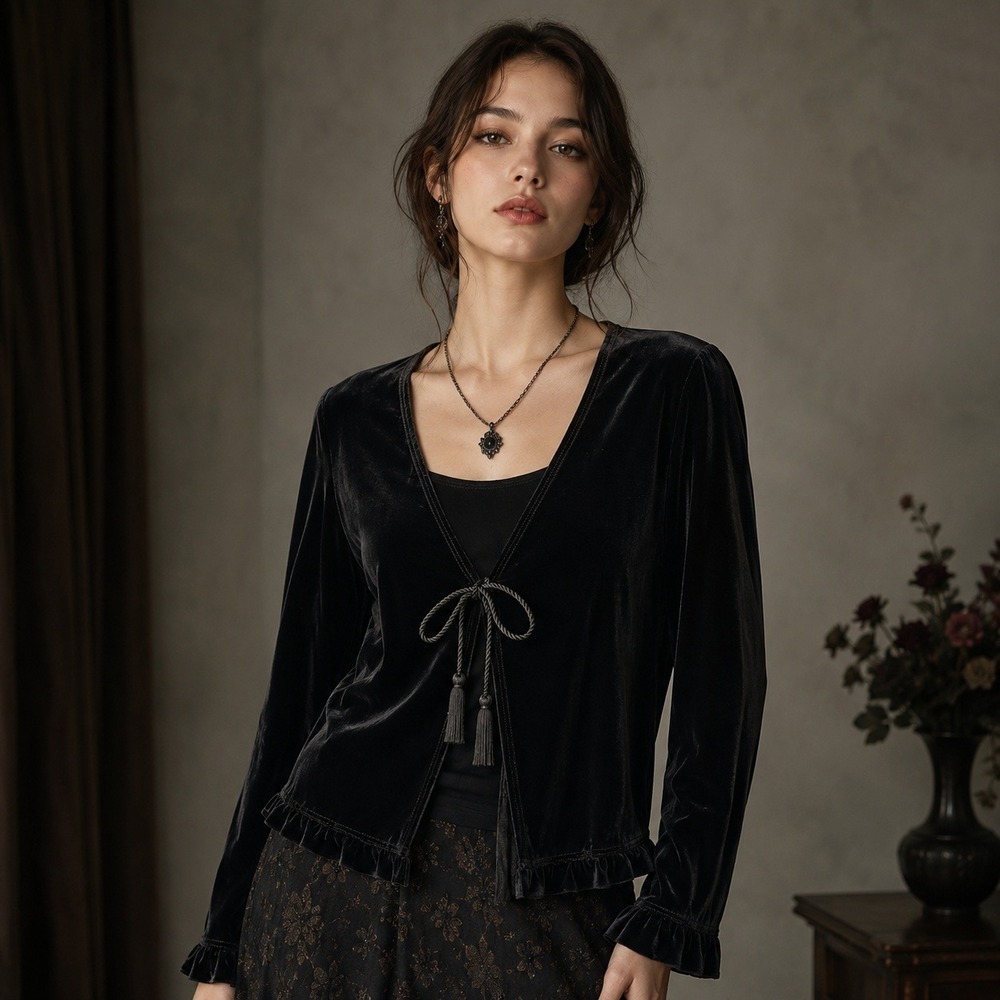 Vtg Black Velvet Layered Ruffle Tie Front Top Blouse New Deadstock Witchy Goth M